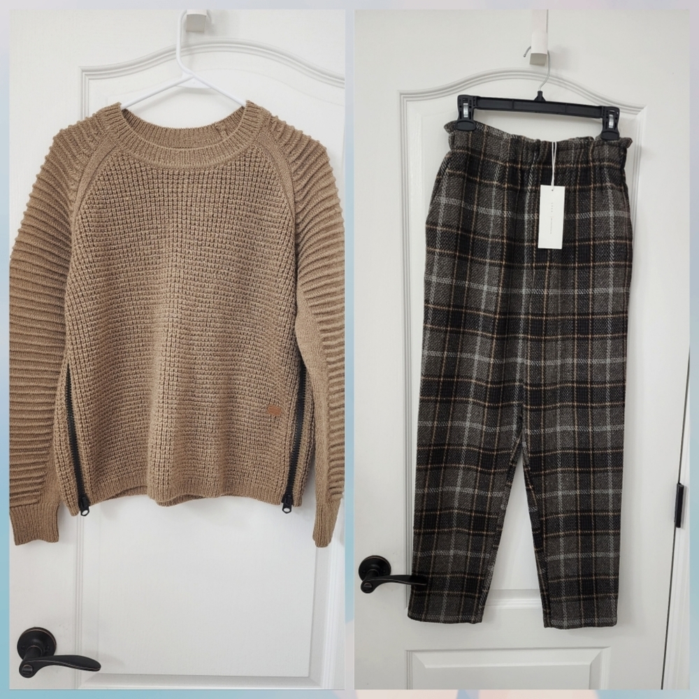 Woven Plaid High-Rise Tapered Pants in Brown